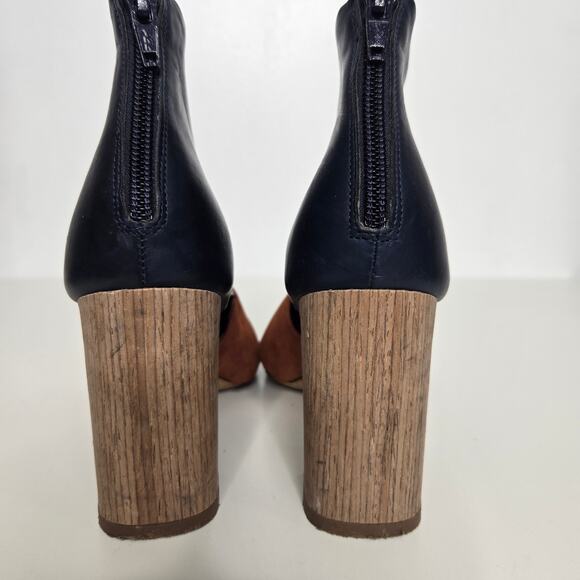 Vince Sample Open Toed Booties Navy Brown Stacked Heel Fall Italy Women 6M - Picture 8 of 10